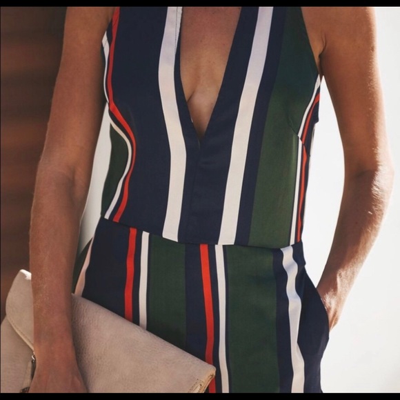 VICI stripe plunging neckline, pocketed halter jumpsuit by Ark. NEW Re $75 L ** - Picture 2 of 9